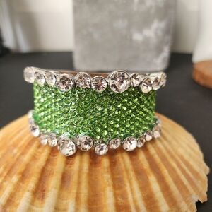 Statement Silver with Green Crystal Hinge Clamper Bracelet